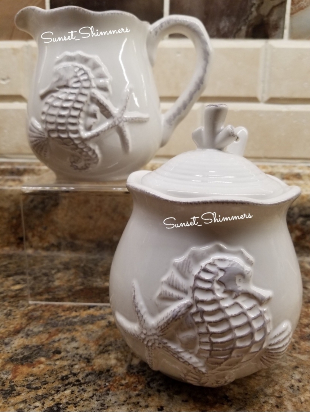 Seahorse Starfish Seashell Blue Sky Ceramic Sugar Creamer Serving Spoon Set NEW